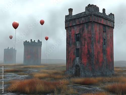 Red ruined towers in misty landscape with balloons. photo