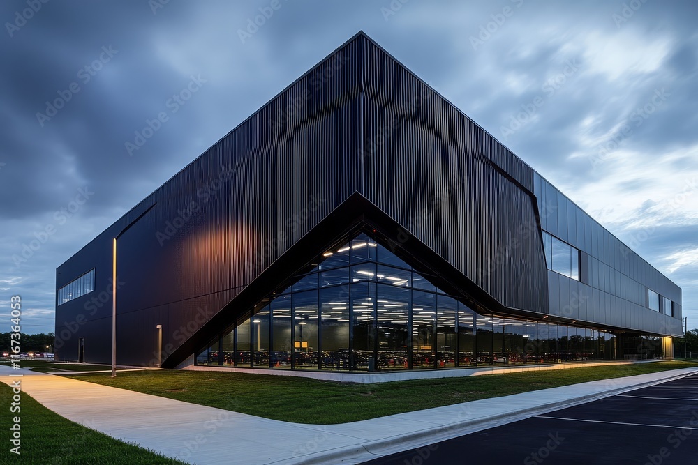 A modern warehouse office building featuring sleek exterior architecture. A modern warehouse office building featuring sleek exterior architecture.
