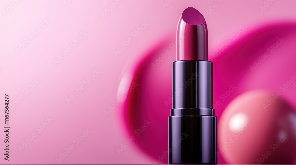 A glossy pink lipstick stands elegantly against a soft pink backdrop, highlighting its texture and color, perfect for beauty and cosmetics promotional imagery.