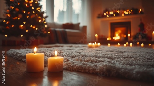 Cozy Christmas Eve Two Candles Glowing on a Fluffy Rug by a Lit Fireplace and Christmas Tree