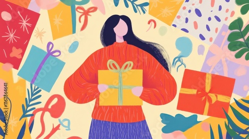 Vibrant spring illustration with woman in colorful sweater holding gift surrounded by festive patterns