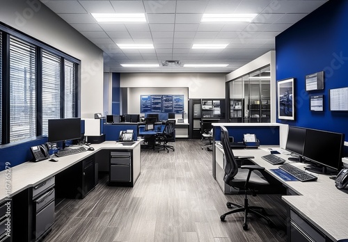 Overview of office space within a police station, complete with computers.
