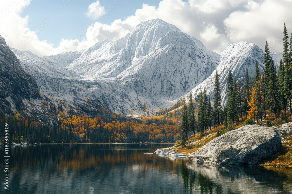 Fototapeta premium Potato Lake in the Rocky Mountains, Canada. Podium of Kamination Mountain with white rock face and green pine forest on the right side, reflection of the mountain in the lake water, autumn colors