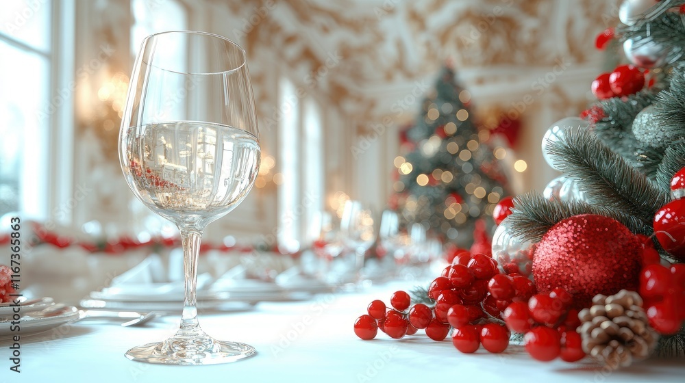 Elegant Christmas Table Setting with Wine Glass and Festive Decorations Elegant Christmas Table Setting with Wine Glass and Festive Decorations