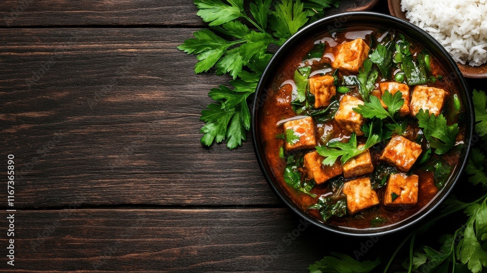 An appetizing bowl of spicy tofu served with rice and garnished with fresh herbs, beautifully presented on a rustic wooden table, enticing viewers to savor its flavors. An appetizing bowl of spicy tofu served with rice and garnished with fresh herbs, beautifully presented on a rustic wooden table, enticing viewers to savor its flavors.