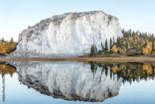 Potato Lake in the Rocky Mountains, Canada. Podium of Kamination Mountain with white rock face and green pine forest on the right side, reflection of the mountain in the lake water, autumn colors photo