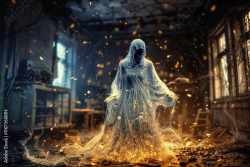 Haunted House Horror: Eerie Digital Art of a Scary Ghost Woman photo