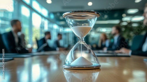 A close-up of an hourglass on a conference table, with blurred figures in the background, symbolizing time management in a business setting.
