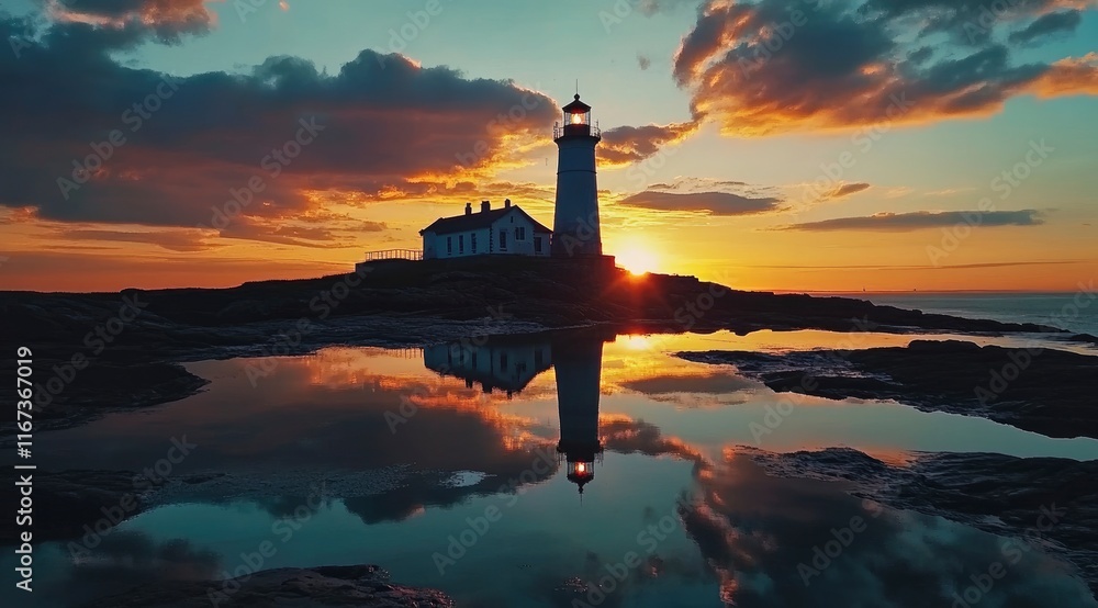 Fototapeta premium Stunning sunset at Northern Lighthouse Clip in summer, the lighthouse is reflected in the rock pool water. The sky is a beautiful orange and blue color with dramatic clouds.