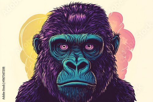 A stylized illustration of a gorilla with vibrant colors and bold features. photo