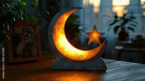 Moon star lamp sits on table with blurred home background, use for Ramadan. photo