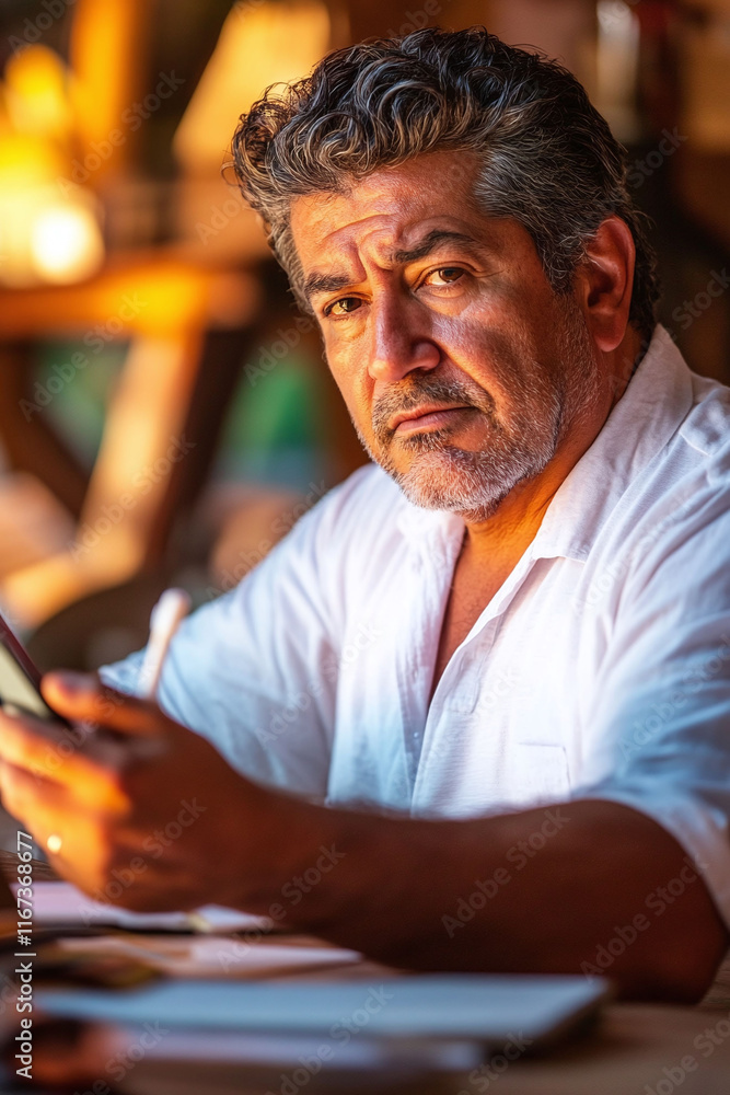 middle-aged Hispanic man late 40s sanitizing his phone screen at his workstation. middle-aged Hispanic man late 40s sanitizing his phone screen at his workstation.