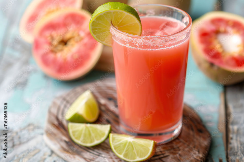 Refreshing Guava Juice in a Glass with Guava Slices and Straw, Tropical Beverage in a Beach Setting Refreshing Guava Juice in a Glass with Guava Slices and Straw, Tropical Beverage in a Beach Setting