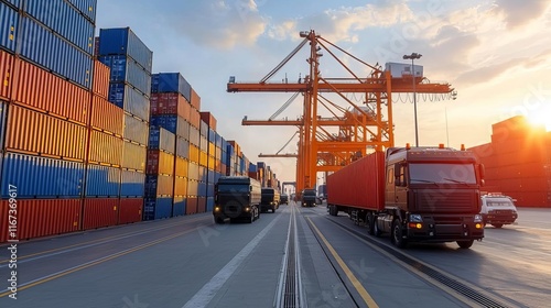 Cargo management logistics security concept. Industrial port with trucks and shipping containers at sunset.