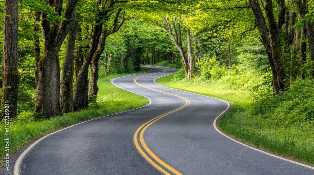 Winding Road Through Lush Green Forest Canopy Winding Road Through Lush Green Forest Canopy