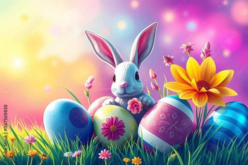Obraz premium Easter Bunny Surprise: A charming white bunny sits amidst a colorful array of Easter eggs, nestled in a bed of vibrant spring flowers, under a whimsical, pastel sky.