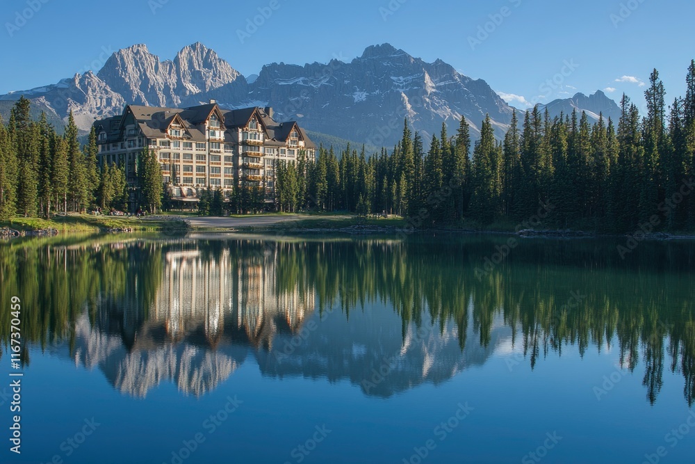 Fototapeta premium The majestic Rocky Mountain range stands tall and serene, reflecting in the crystal-clear waters of Lake Louise at sunrise. The surrounding pine trees add to its picturesque beauty