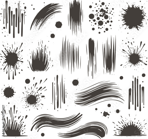 Abstract Ink Brush Strokes and Splatter Patterns in Grunge Style