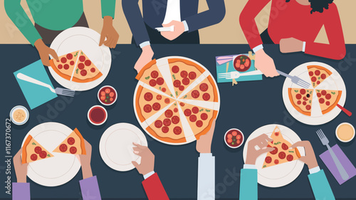 A top view of hands taking pizza slices from a table at a corporate party, vector illustration 