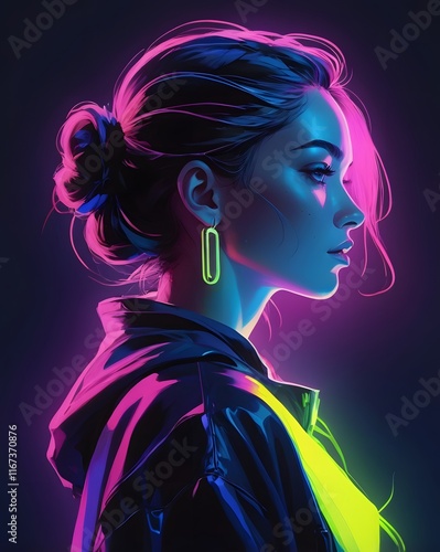 Futuristic model posing under neon signs
