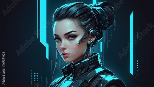 Cyberpunk character posing in high-tech environment
