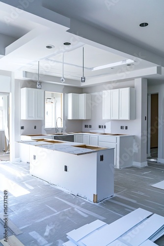 Primed interior walls in a modern kitchen under construction with uninstalled cabinets and lighting fixtures. photo