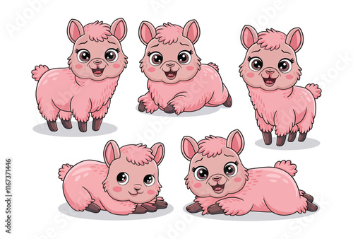 A set of hand-drawn cute cartoon pink lamas in different poses isolated on a white background, vector illustration 
