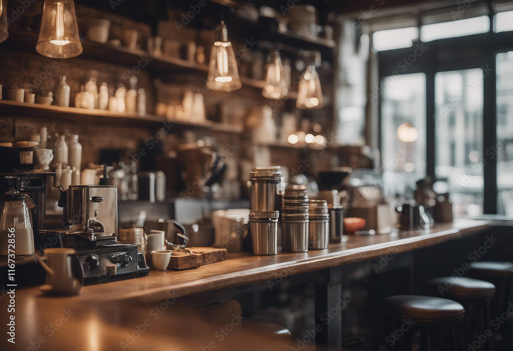 This stunning coffee shop photograph featuring a cozy shelf and table setup perfect for a cafe This stunning coffee shop photograph featuring a cozy shelf and table setup perfect for a cafe