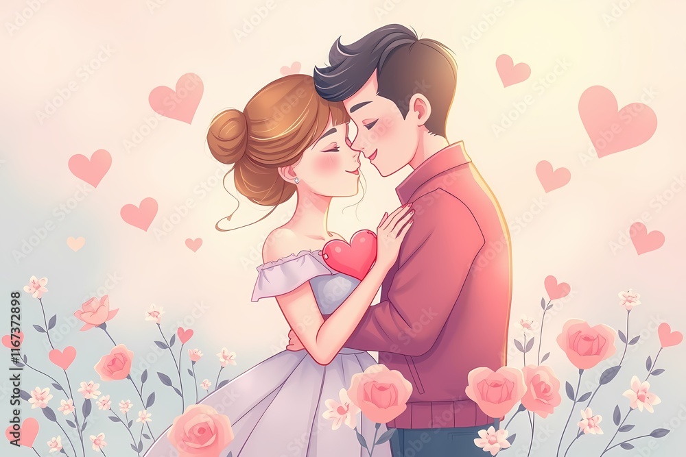 Sweetest Love: A tender illustration of a young couple embracing, surrounded by delicate pink hearts and blooming flowers, symbolizing the beauty and warmth of romantic love. Sweetest Love: A tender illustration of a young couple embracing, surrounded by delicate pink hearts and blooming flowers, symbolizing the beauty and warmth of romantic love.