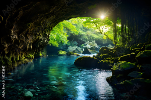 True Purity: Pristine Fresh Water Flowing from a Natural Cavern and Creating a Scenic Waterfall photo