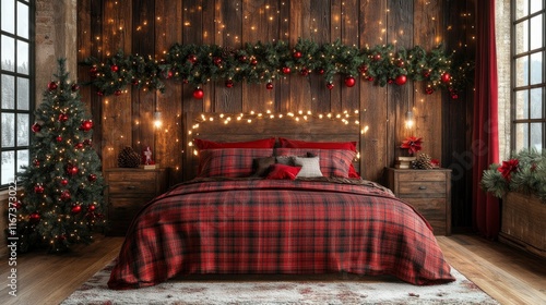 Cozy Christmas Bedroom Decor with Red Plaid Bedding and Rustic Wood Walls