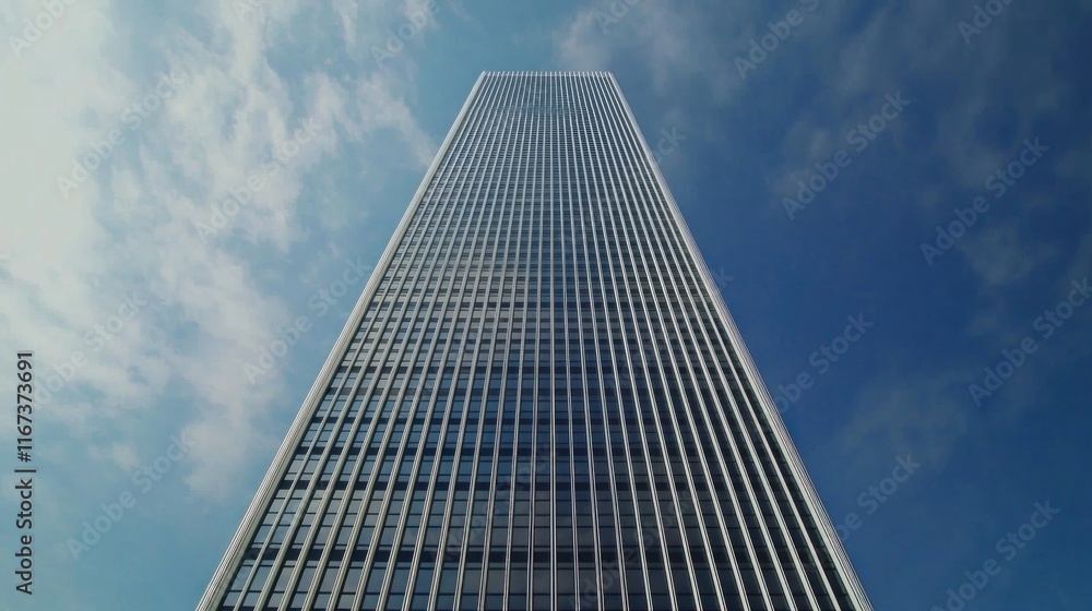 A tall modern skyscraper reaching towards a blue sky. A tall modern skyscraper reaching towards a blue sky.