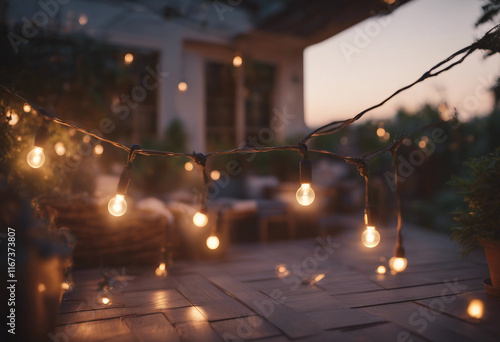 View over cozy outdoor terrace with outdoor string lights Summer evening on the patio of beautiful s photo