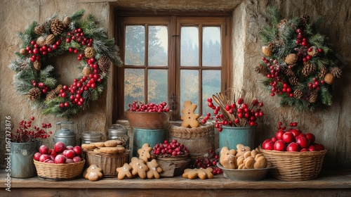 Rustic Christmas Window Scene with Gingerbread Cookies and Berries