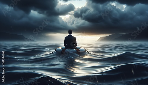 A businessman in a life preserver stranded at sea, depicted in a Generative AI illustration.