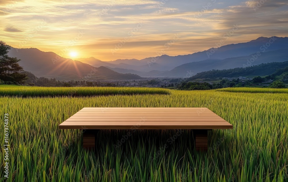 The wooden tabletop is set against the backdrop of an open rice field with green grass and blue sky, with the sunset light shining on it. The sun shines brightly in front of you The wooden tabletop is set against the backdrop of an open rice field with green grass and blue sky, with the sunset light shining on it. The sun shines brightly in front of you