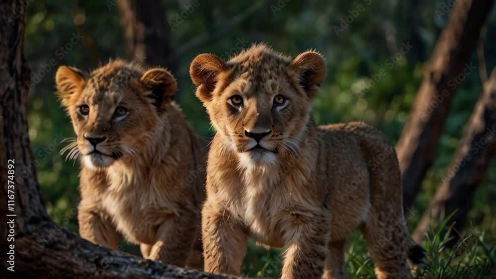 Two adorable lion cubs, bathed in the golden light of the setting sun, stand alert amidst the lush greenery of their African habitat. Two adorable lion cubs, bathed in the golden light of the setting sun, stand alert amidst the lush greenery of their African habitat.