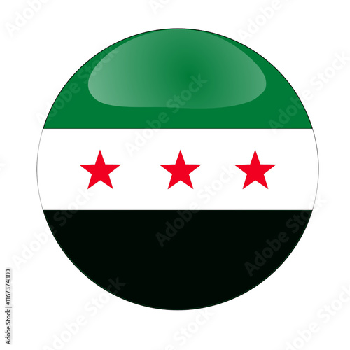 Syrian new flag button vector with three red stars and glossy effect. Simple round emblem of syria flag  for political, protest or national themes. useful for app 