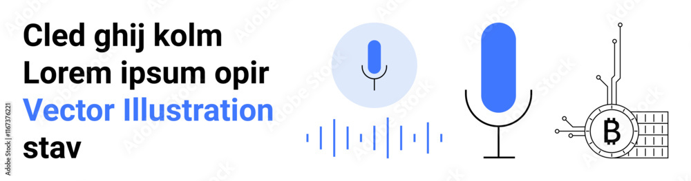 Microphone icon, sound waves, and blockchain diagram with text elements. Ideal for tech, communication, podcasts, music, cryptocurrency, education, and digital marketing themes. Landing page Microphone icon, sound waves, and blockchain diagram with text elements. Ideal for tech, communication, podcasts, music, cryptocurrency, education, and digital marketing themes. Landing page