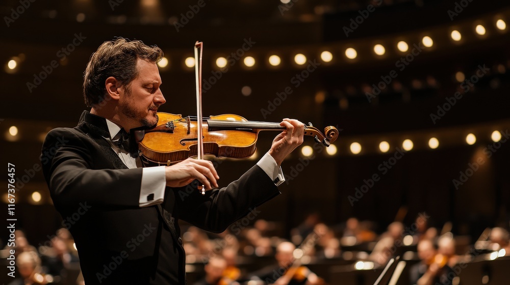 Fototapeta premium Violinist performing at elegant concert hall musical performance indoor dynamic viewpoint captivating artistry for music lovers