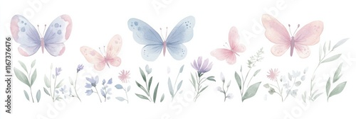 Whimsical pastel butterflies and floral designs for spring themes photo