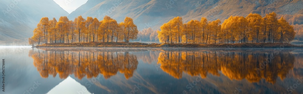 Obraz premium Autumn reflection on serene lake nature landscape scenic view tranquil environment peaceful concept