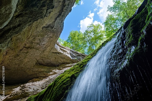Waterfall view seen from inside the cave, green moss covered rock wall, blue sky in background, breathtaking landscape, wide angle lens, national geographic photography