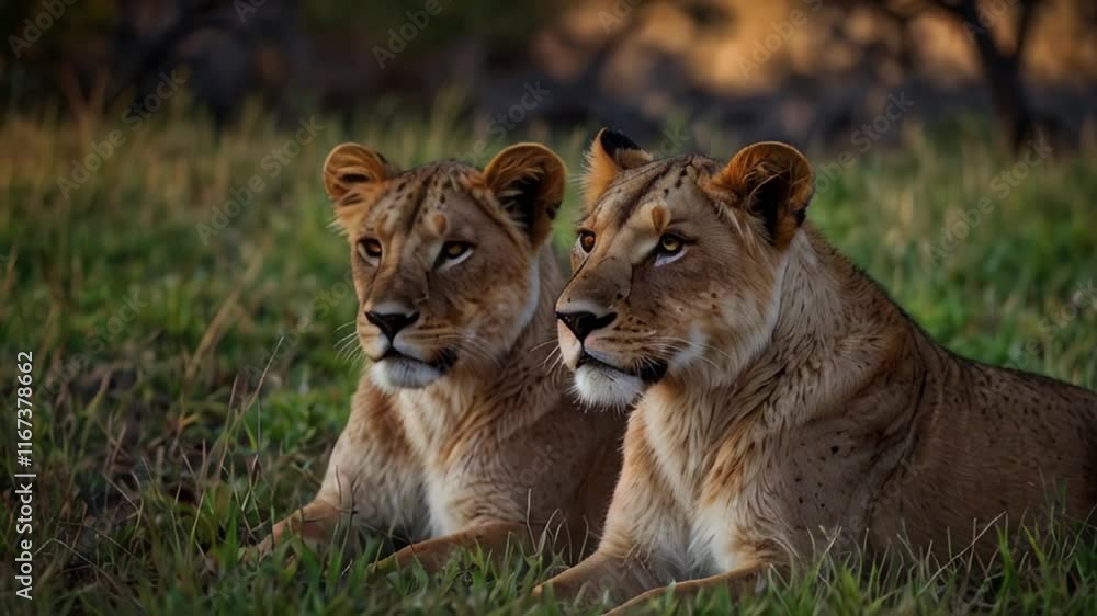 Two majestic lionesses rest side-by-side in the warm glow of the setting sun, their gaze fixed on something beyond the frame. Two majestic lionesses rest side-by-side in the warm glow of the setting sun, their gaze fixed on something beyond the frame.