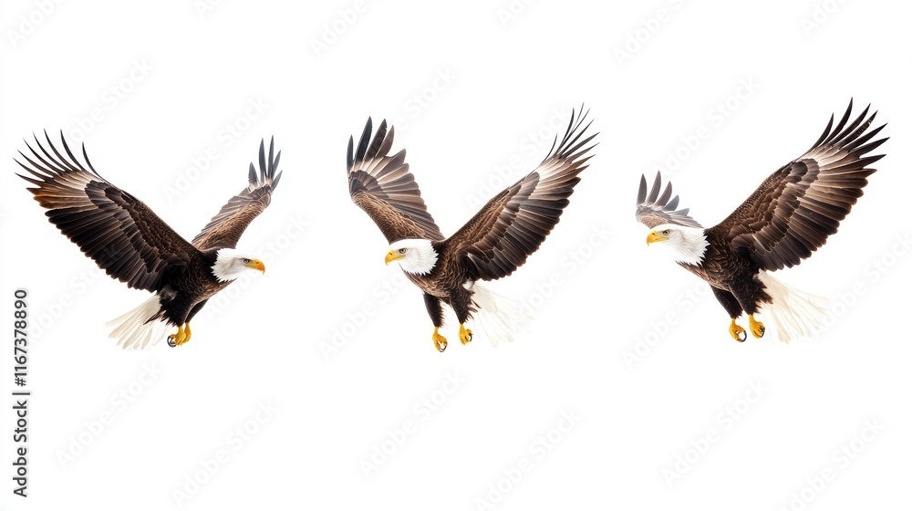 Obraz premium Majestic Bald Eagles in Flight on White Background.