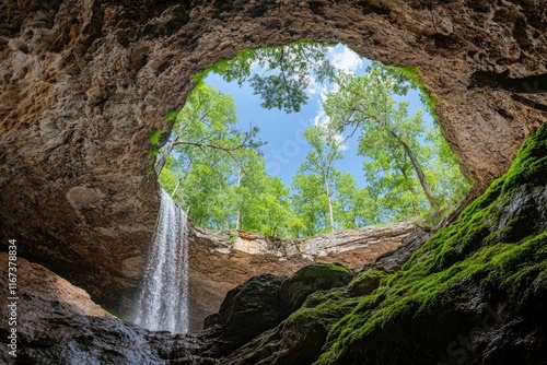 Waterfall view seen from inside the cave, green moss covered rock wall, blue sky in background, breathtaking landscape, wide angle lens, national geographic photography photo