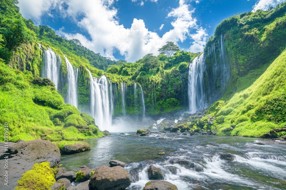 Fototapeta premium Waterfall view seen from inside the cave in Rantang traditional temple, take pictures of waterfalls and natural scenic beauty at tourist spot near Mount Bromo.8K image quality