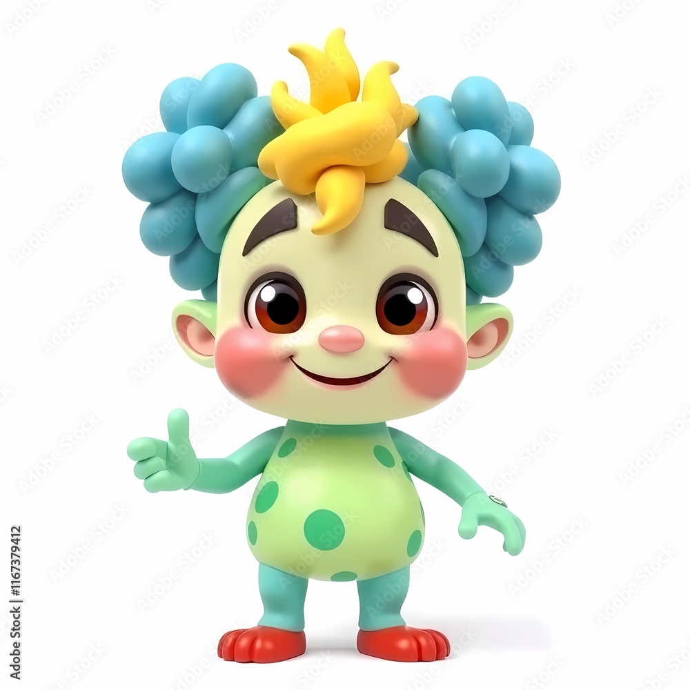 Naklejka premium Cheerful Cartoon Character: A delightful 3D rendered cartoon character with vibrant colors, playful expression, and thumbs-up gesture. Perfect for children's projects, branding, and animation.