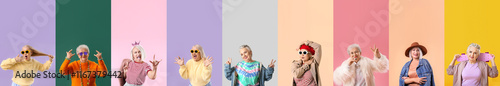 Photos Collage of stylish elderly women on color background
