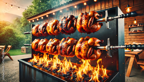 A close, full view of fire-grilled chickens cooking on a rotisserie machine outdoors.